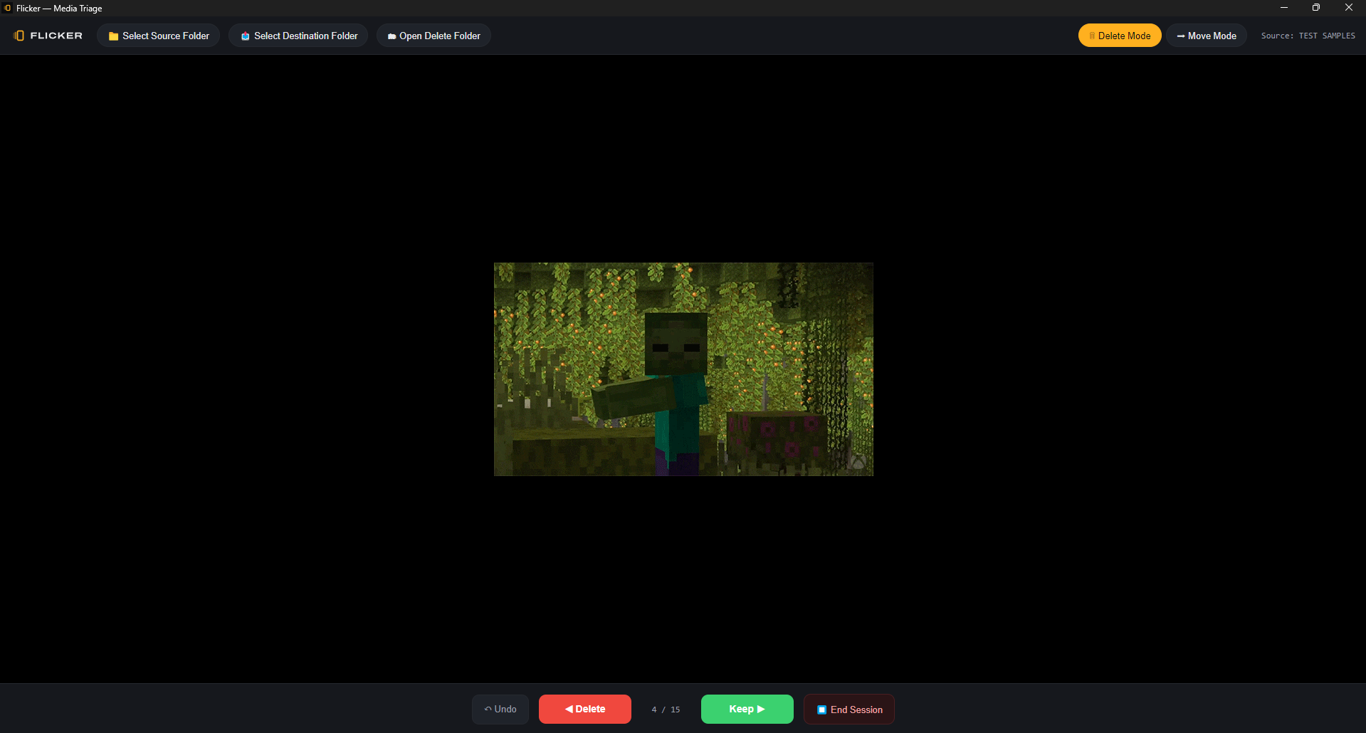 Flicker reviewing a photo in full screen with keep and delete controls
