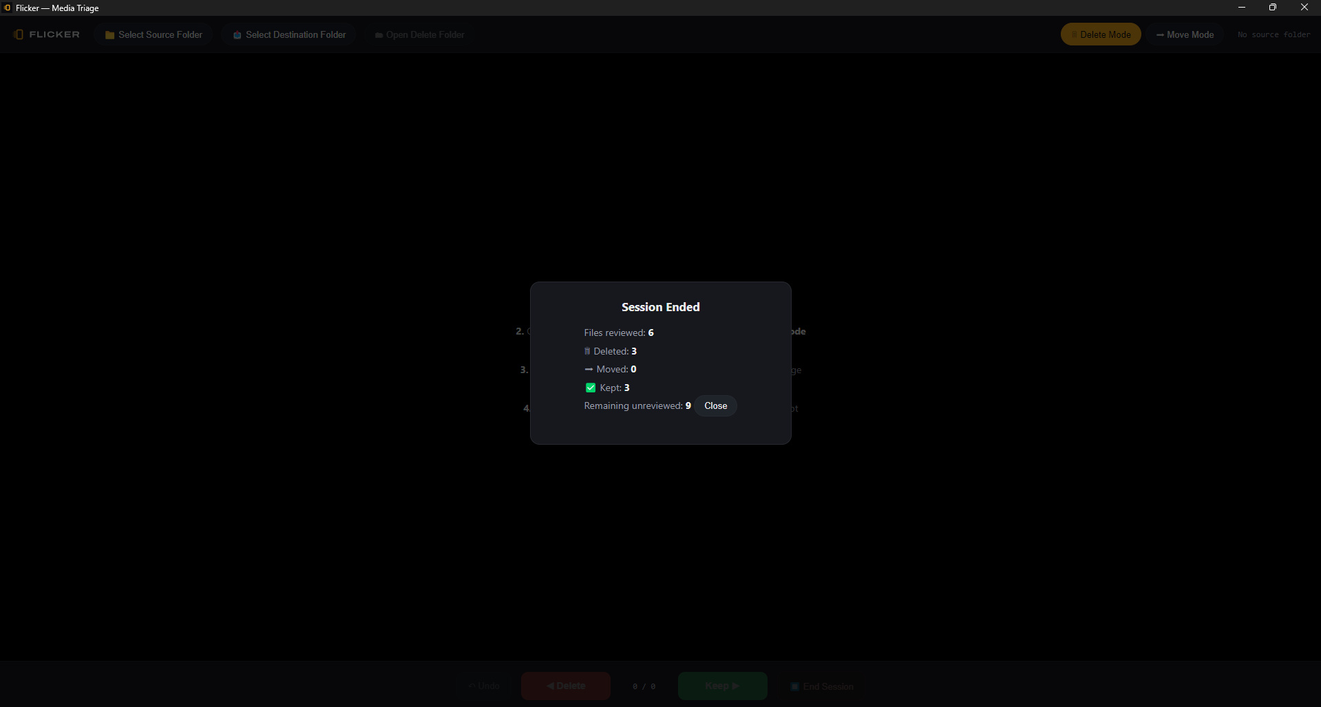 Flicker session summary overlay